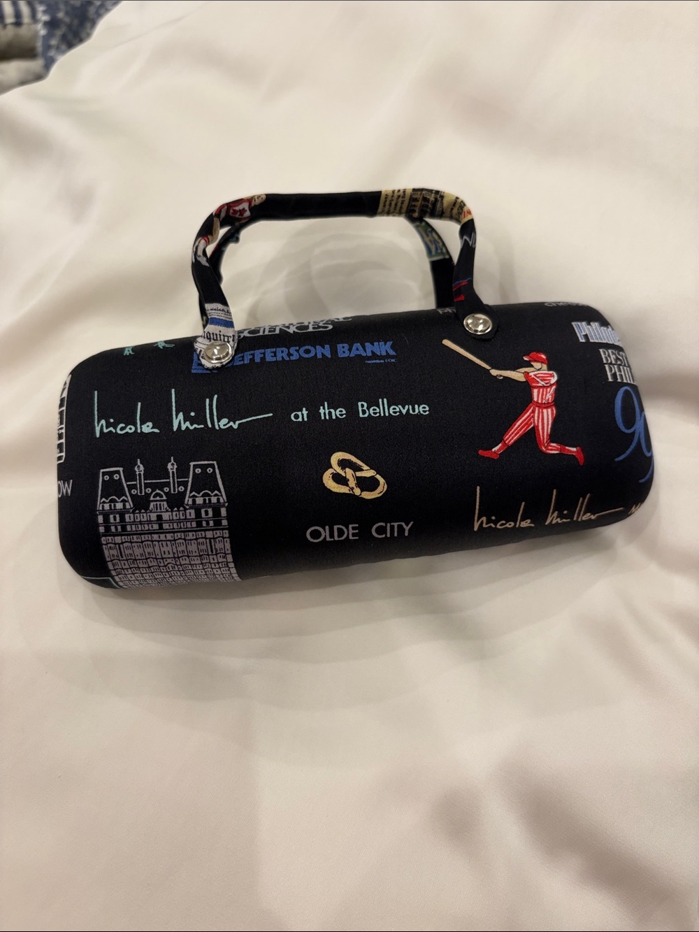 Nicole Miller Black Printed Glasses Case with Philly & Sports Motifs